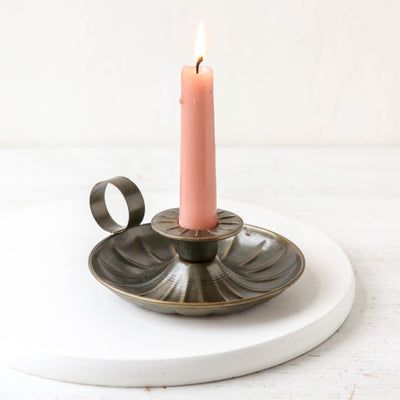 Grooved Chamberstick Candle Holder - Antique Brass