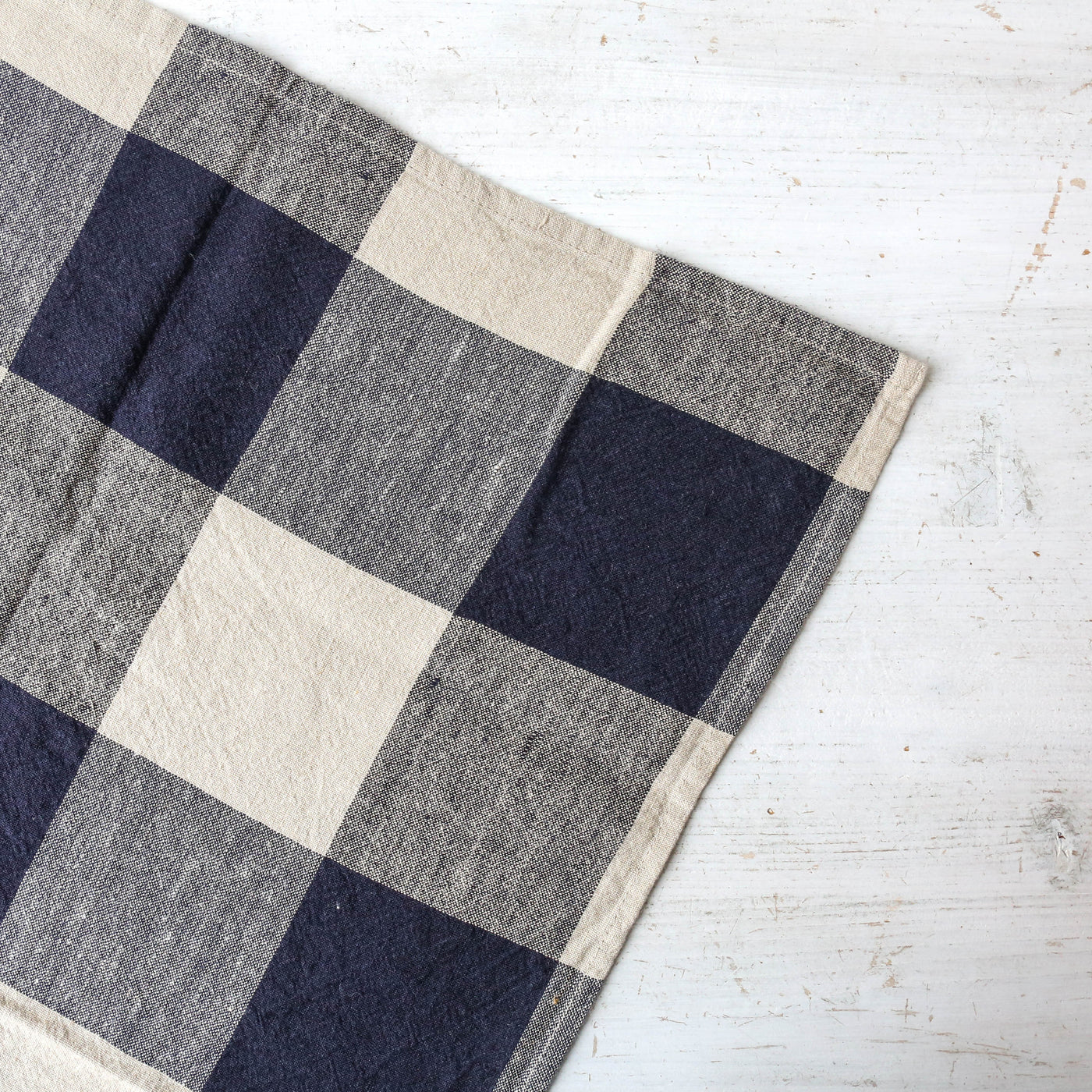 Washed Linen Cotton Bold Check Tea Towel - Navy