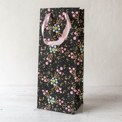 Cotton Paper Bottle Bag - Black Floral