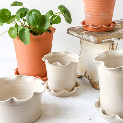 Large Frilly Plant Pot & Saucer - Terracotta