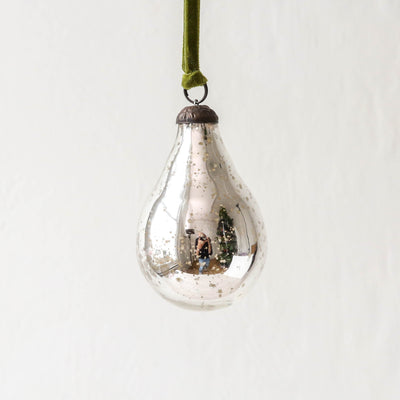 8cm Glass Pear Decoration - Antique Silver