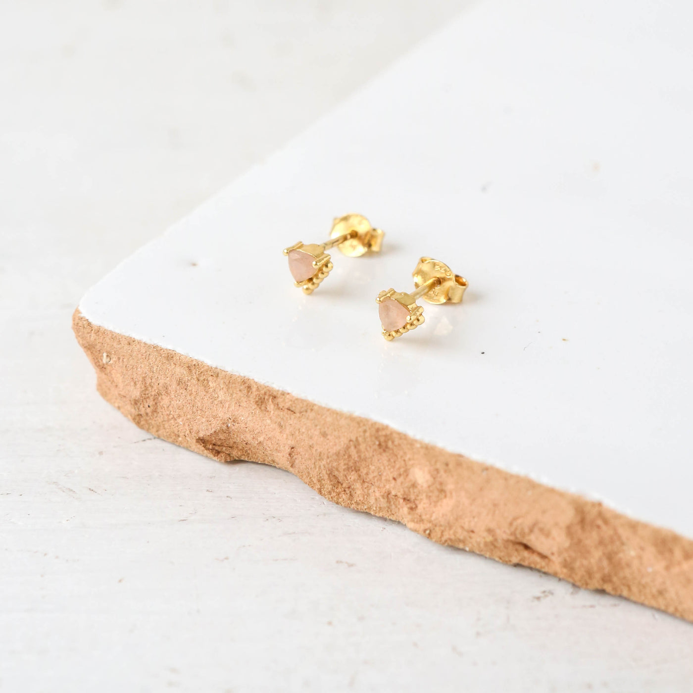 Triangle Dot Peach Moonstone Stud Earrings