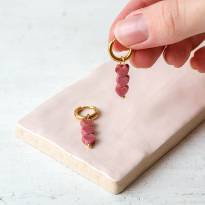 Natural Stone Pink Heart Hoop Earrings - Gold