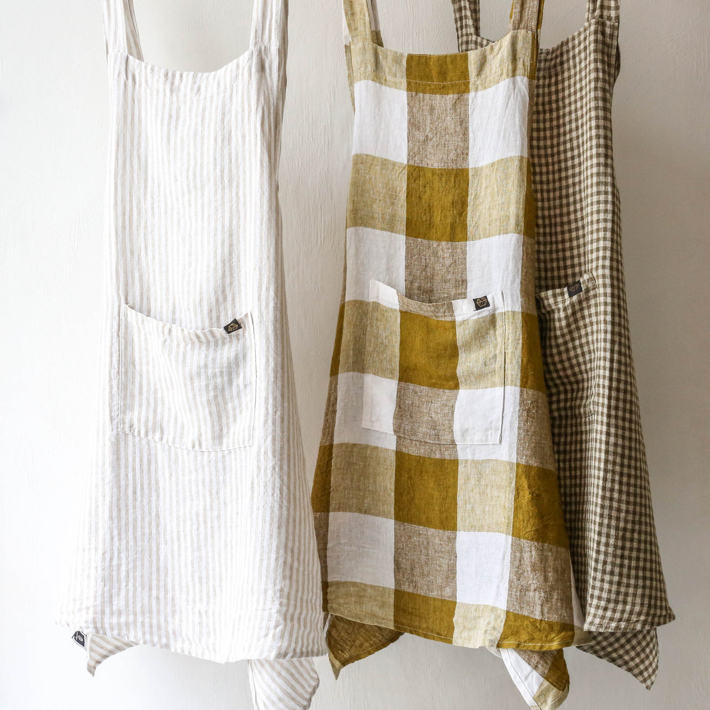 Washed Linen Japanese Style Crossback Apron - Citrus Small Check