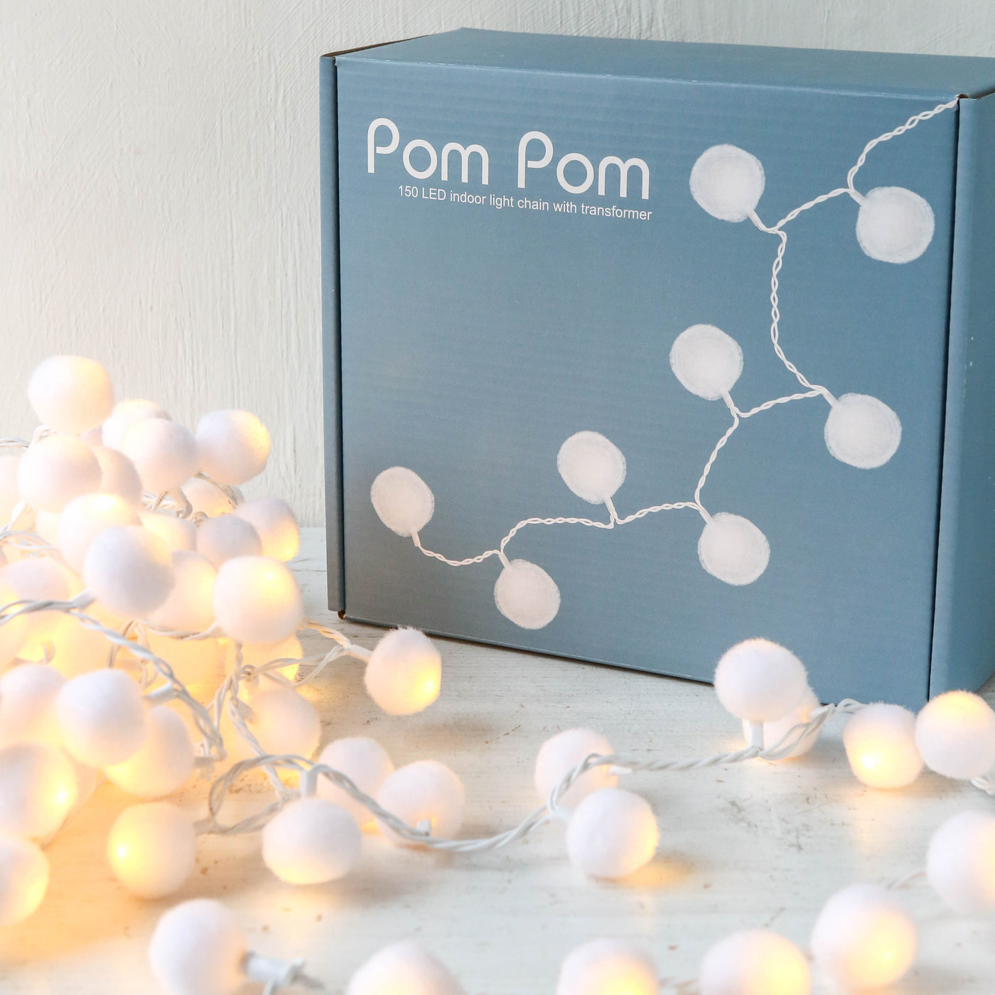 Mains Powered White Pom Pom Lights - 150 lights 6m