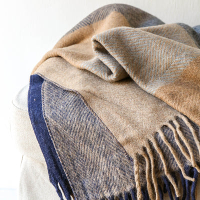 Recycled Wool Blanket - Blue Herringbone Block Check