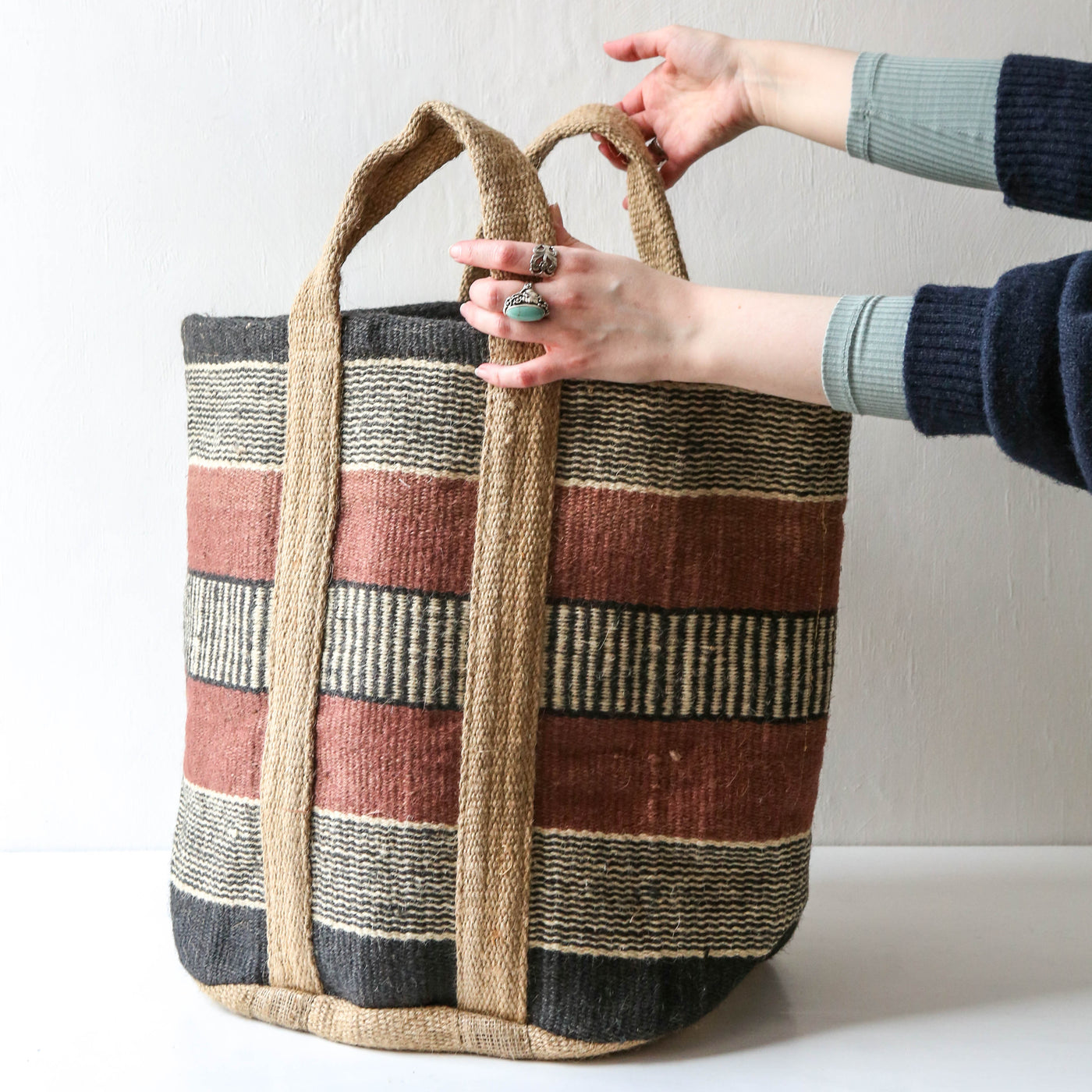 Terracotta Stripe Jute Storage Basket