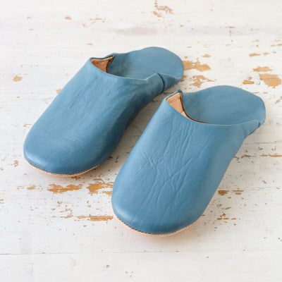 Moroccan Leather Babouche Slippers - Blue Grey