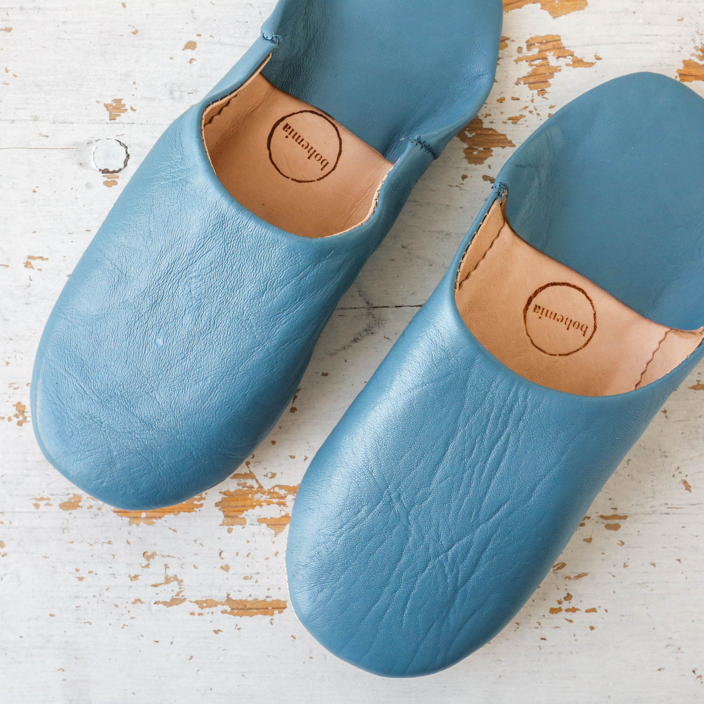 Moroccan Leather Babouche Slippers - Blue Grey