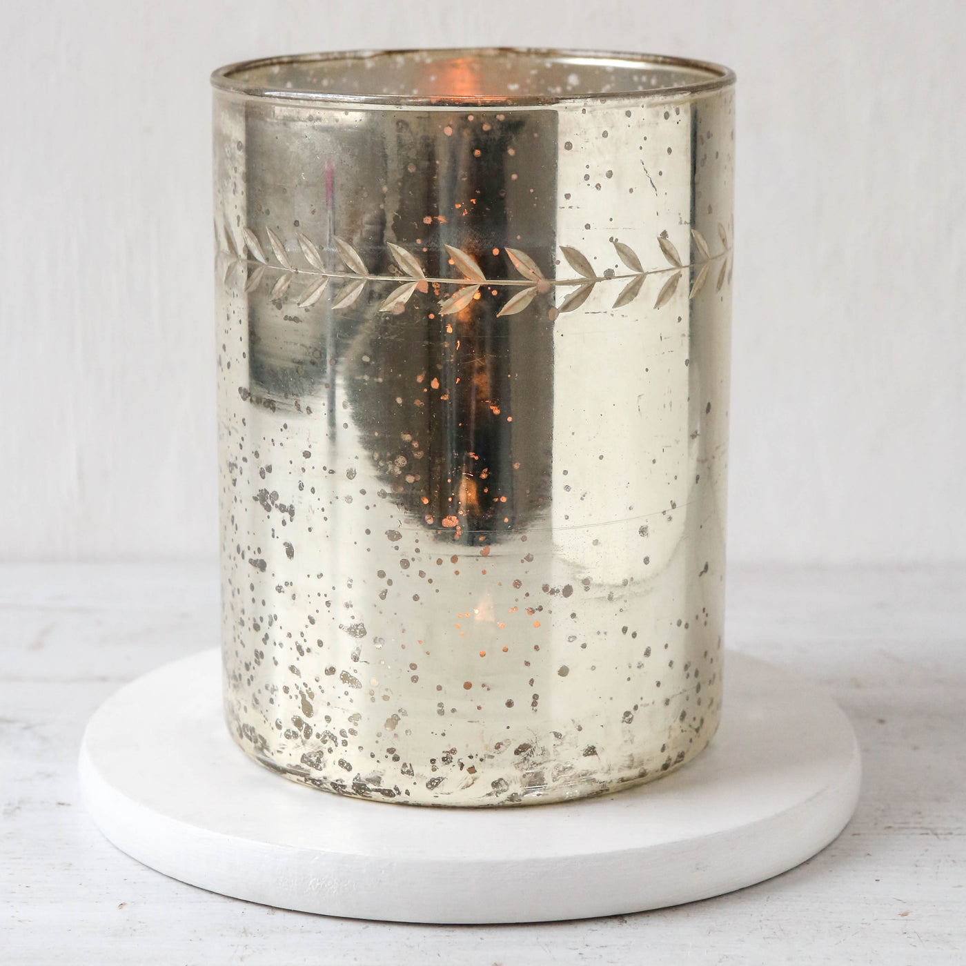 Etched Glass Hurricane Candle Holder - Antique Silver