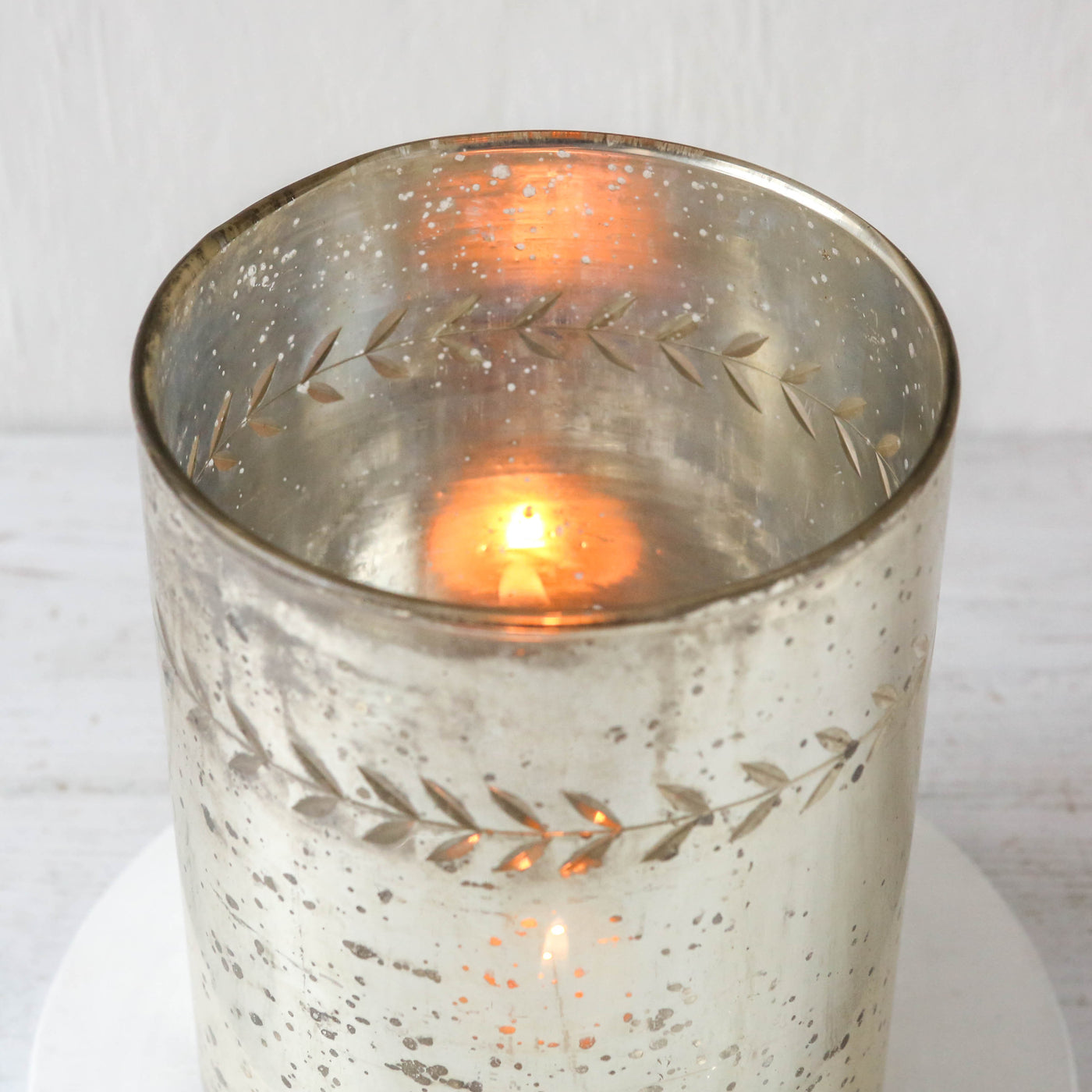 Etched Glass Hurricane Candle Holder - Antique Silver