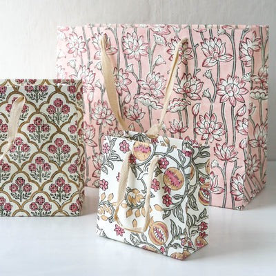 Hand Block Printed Paper Gift Bag - Pink Earth