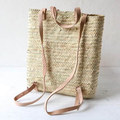 Woven Straw Backpack - Natural Leather