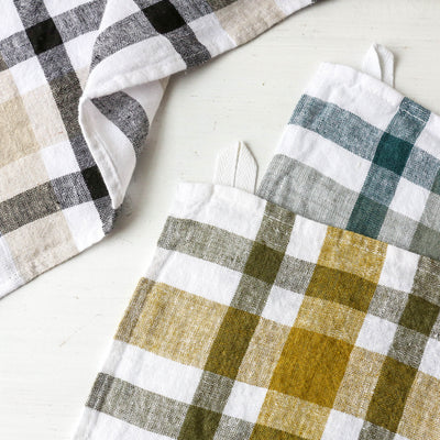 Washed Linen Capri Check Tea Towel - Celadon