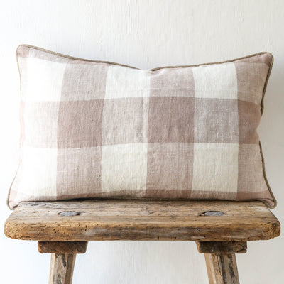 Oblong Bold Check Piped Linen Cushion Cover - Pink