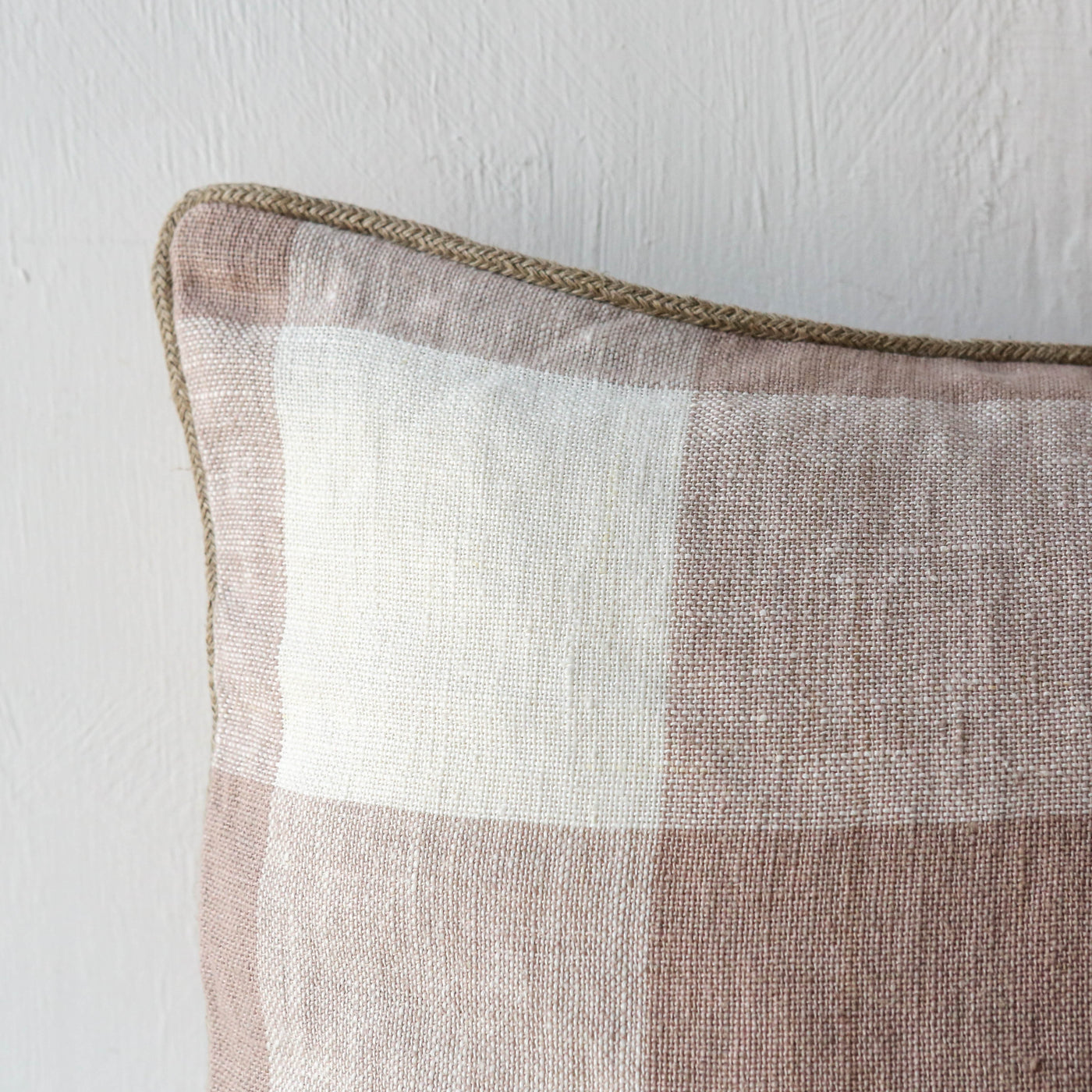 Oblong Bold Check Piped Linen Cushion Cover - Pink