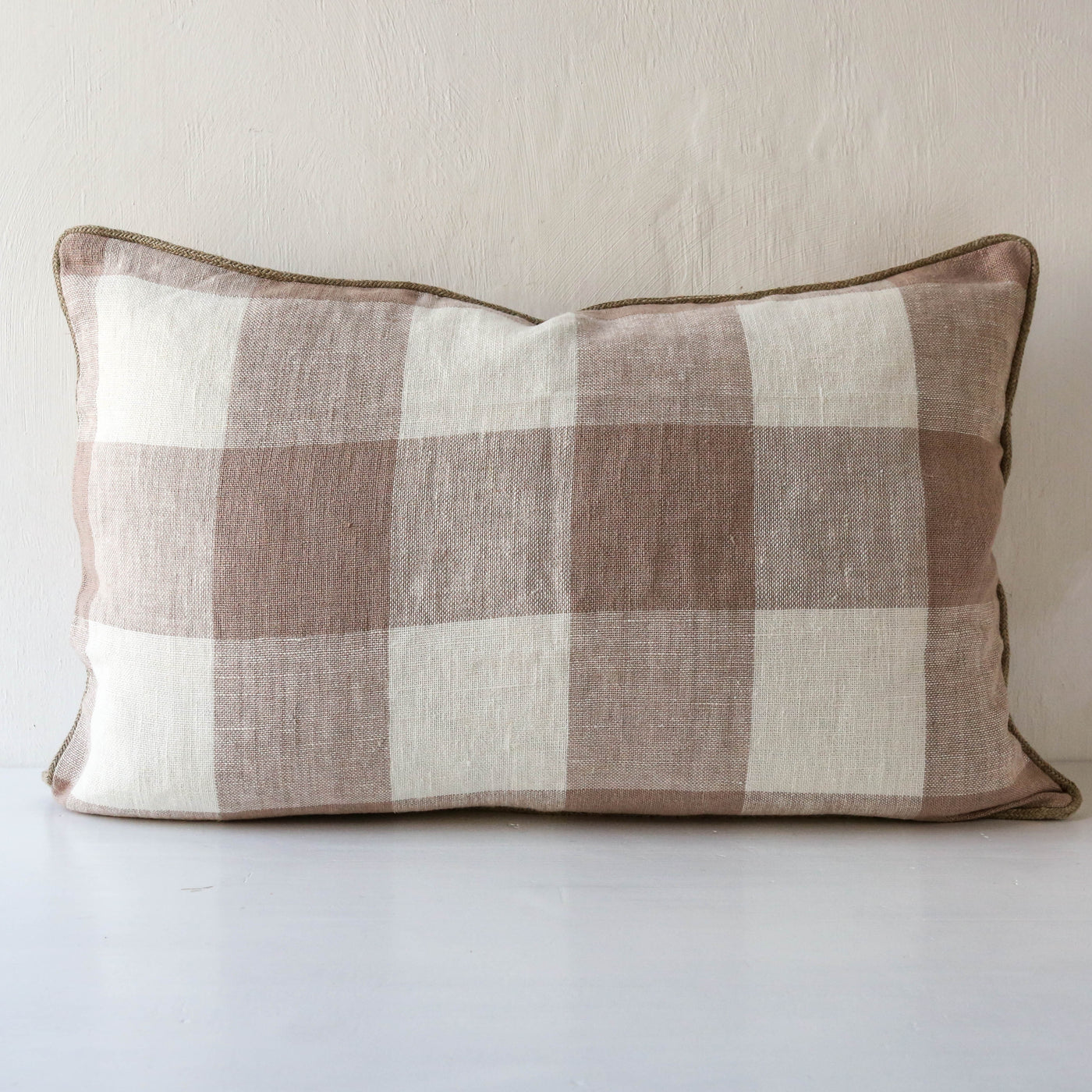 Oblong Bold Check Piped Linen Cushion Cover - Pink