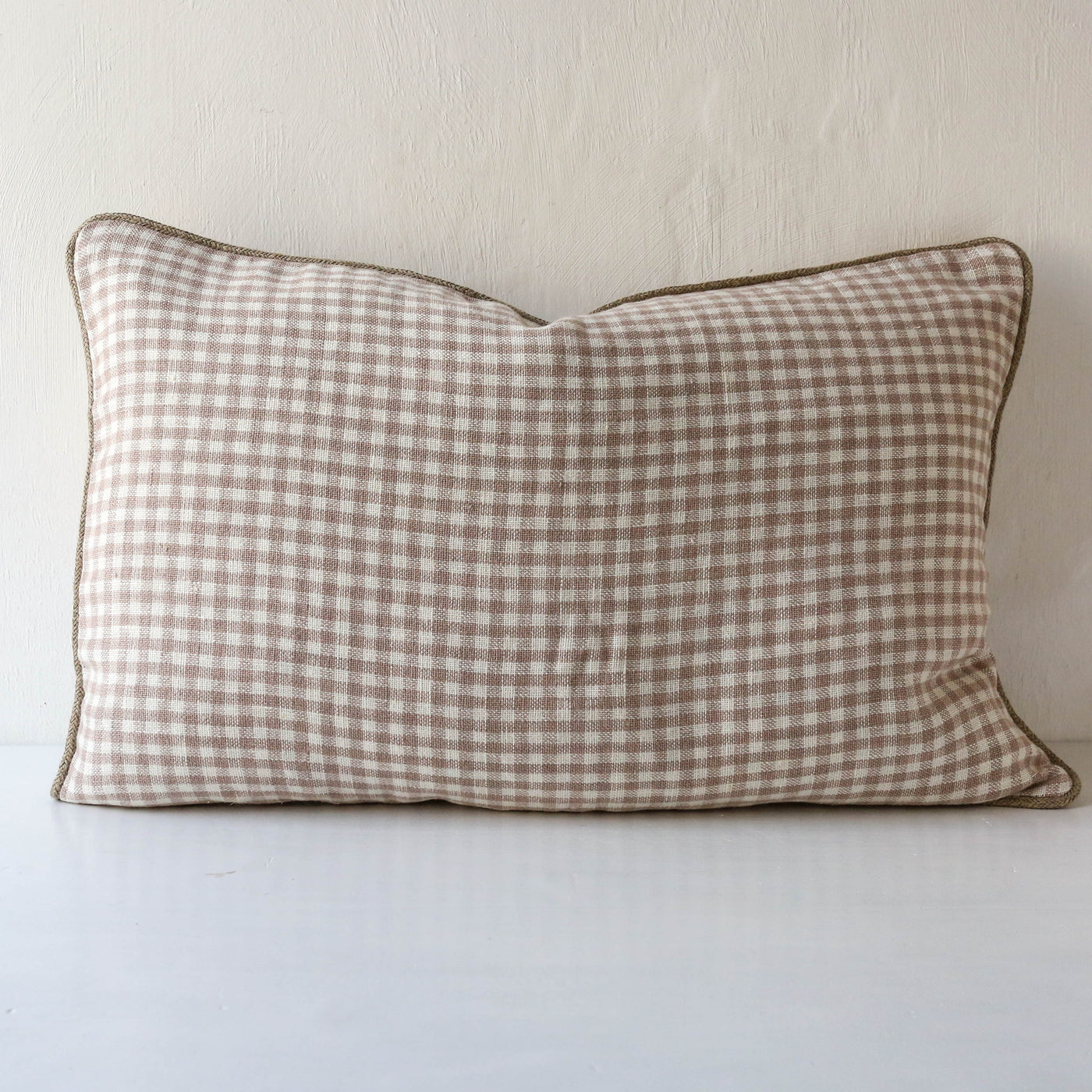 Oblong Piped Linen Cushion Cover - Pink Check