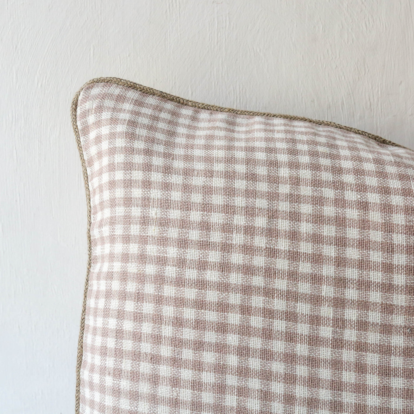 Oblong Piped Linen Cushion Cover - Pink Check