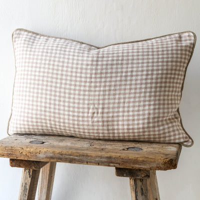 Oblong Piped Linen Cushion Cover - Pink Check