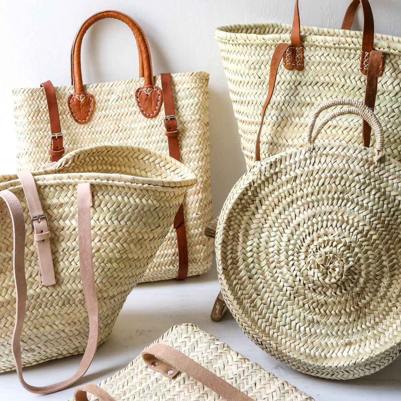 Woven Straw Backpack - Natural Leather