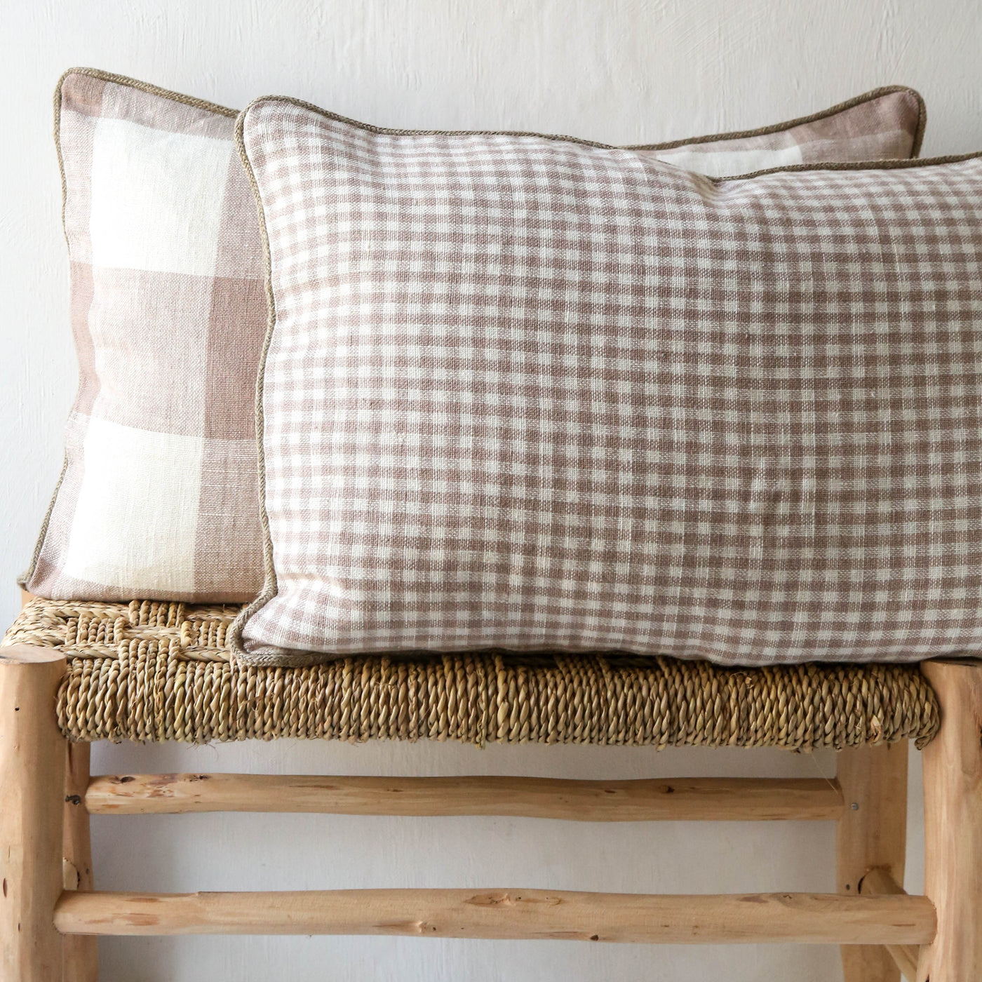 Oblong Bold Check Piped Linen Cushion Cover - Pink