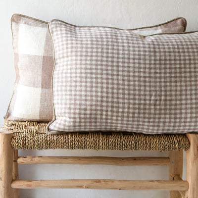 Oblong Bold Check Piped Linen Cushion Cover - Pink