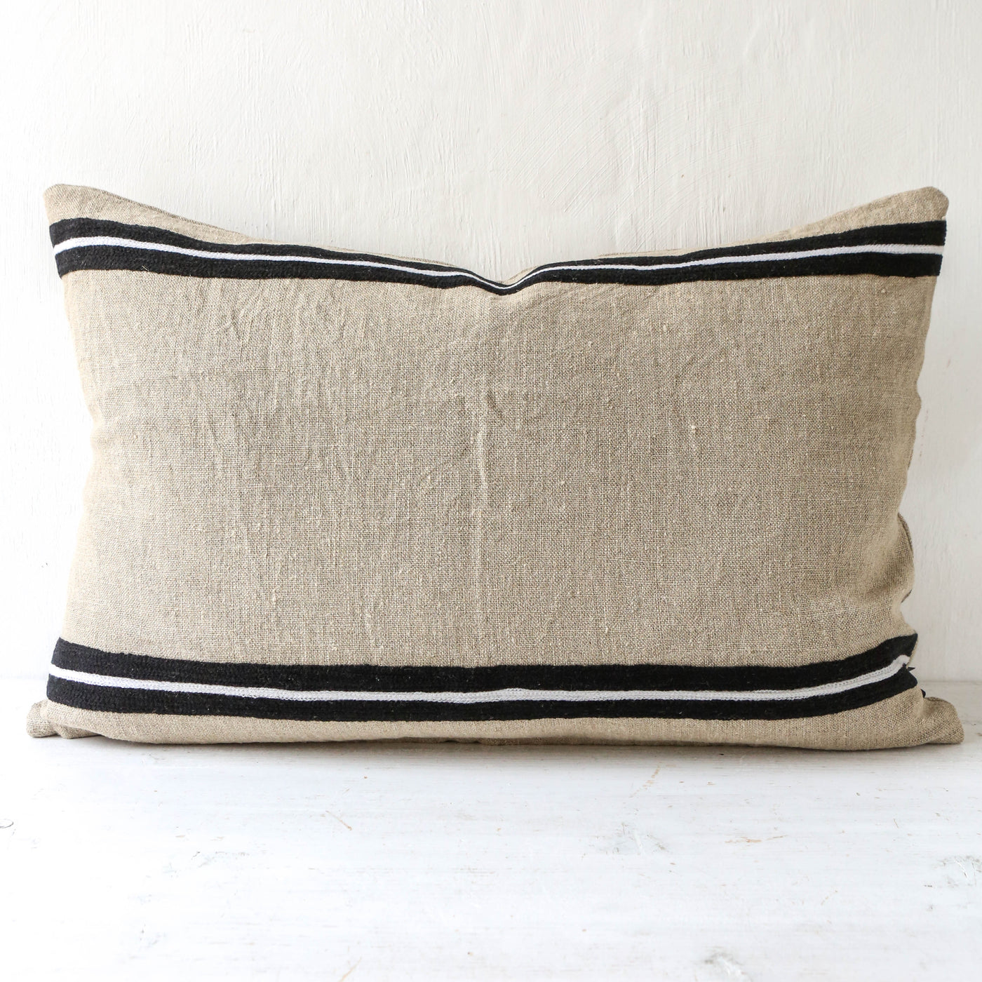 Oblong Embroidered Stripe Linen Cushion Cover - Natural