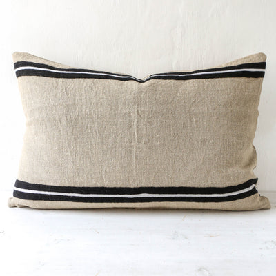 Oblong Embroidered Stripe Linen Cushion Cover - Natural