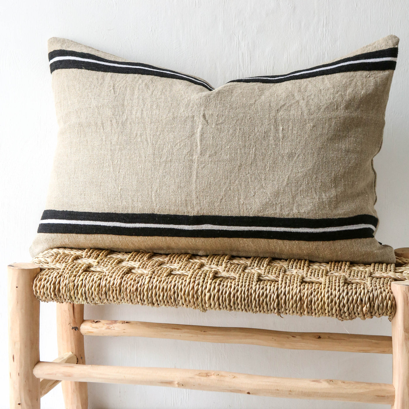 Oblong Embroidered Stripe Linen Cushion Cover - Natural