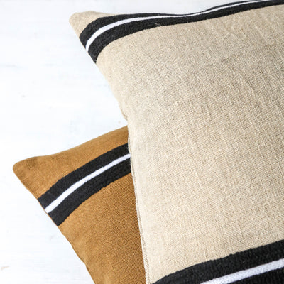 Oblong Embroidered Stripe Linen Cushion Cover - Natural