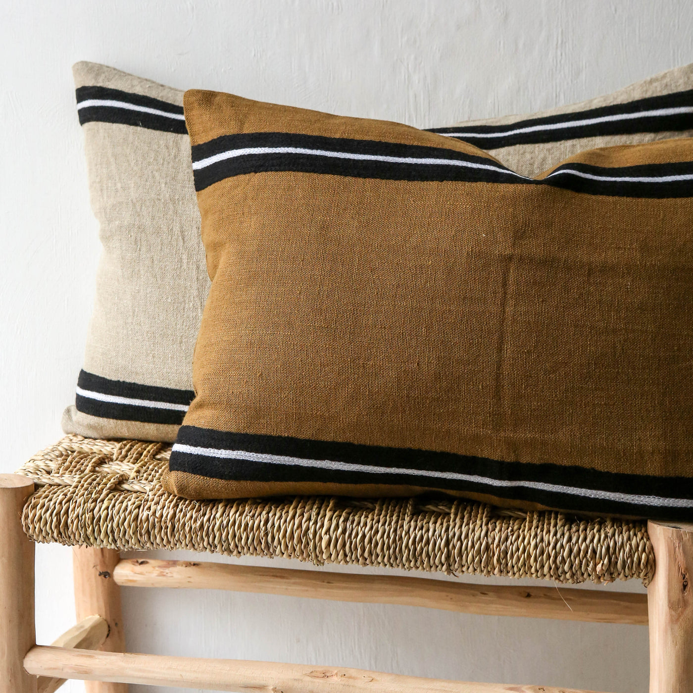 Oblong Embroidered Stripe Linen Cushion Cover - Natural