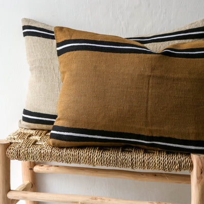 Oblong Embroidered Stripe Linen Cushion Cover - Natural