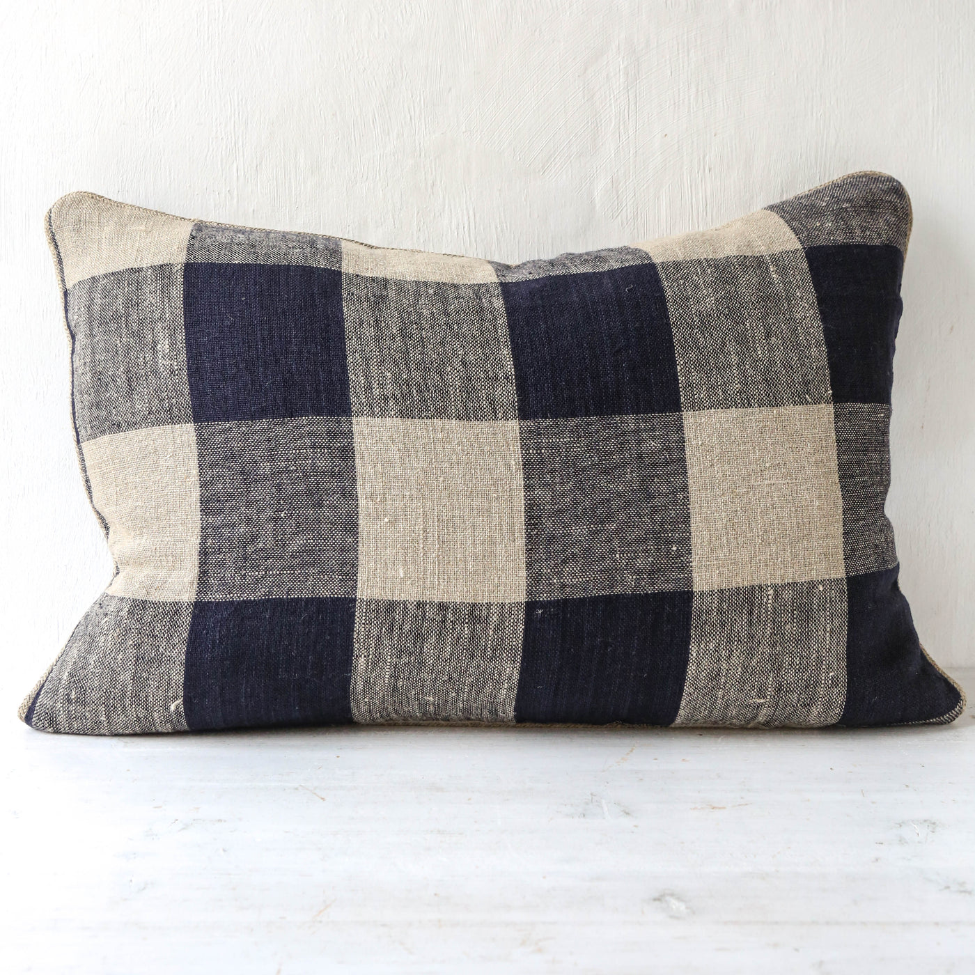 Oblong Bold Check Piped Linen Cushion Cover - Navy