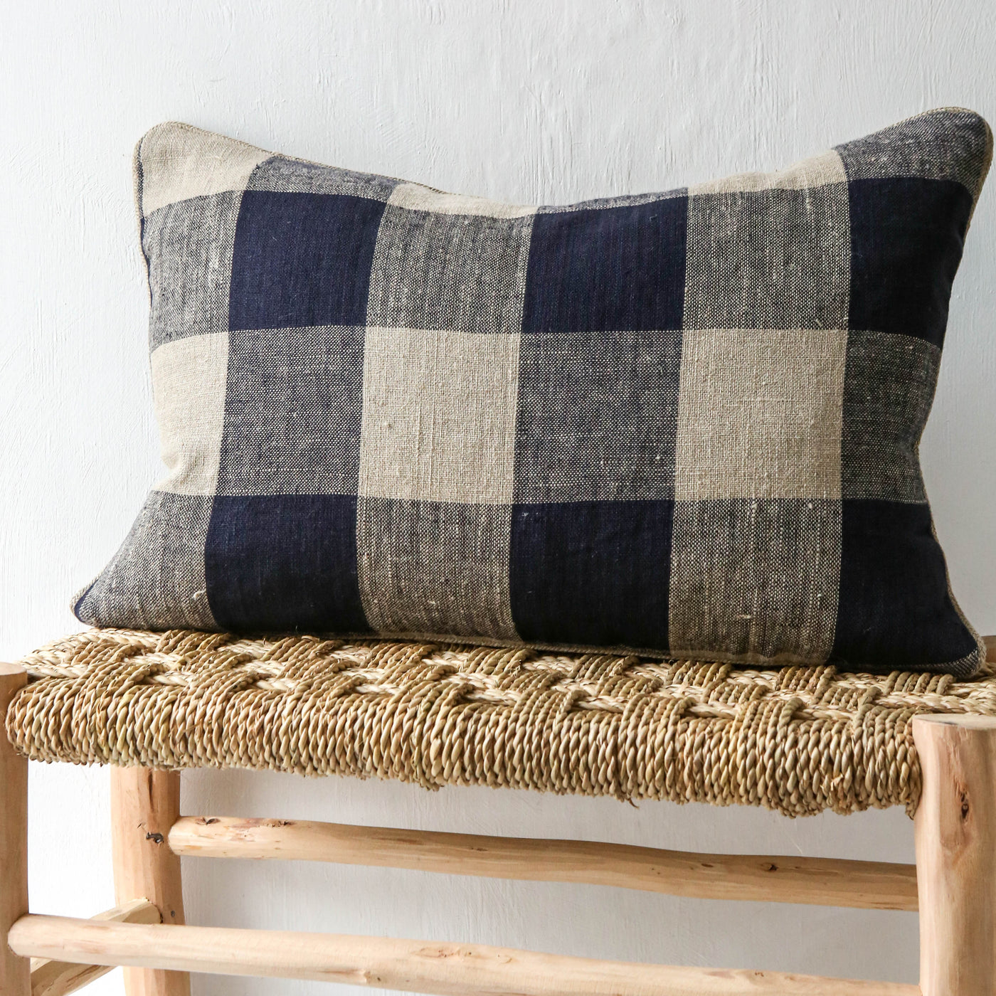 Oblong Bold Check Piped Linen Cushion Cover - Navy