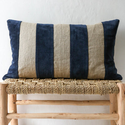 Oblong Linen & Velvet Stripe Cushion Cover - Navy