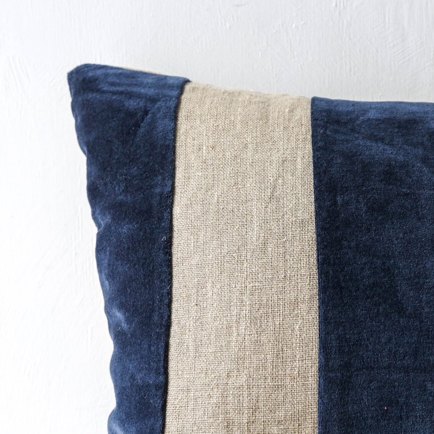 Oblong Linen & Velvet Stripe Cushion Cover - Navy