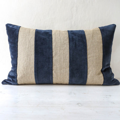 Oblong Linen & Velvet Stripe Cushion Cover - Navy