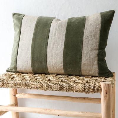 Oblong Linen & Velvet Stripe Cushion Cover - Khaki