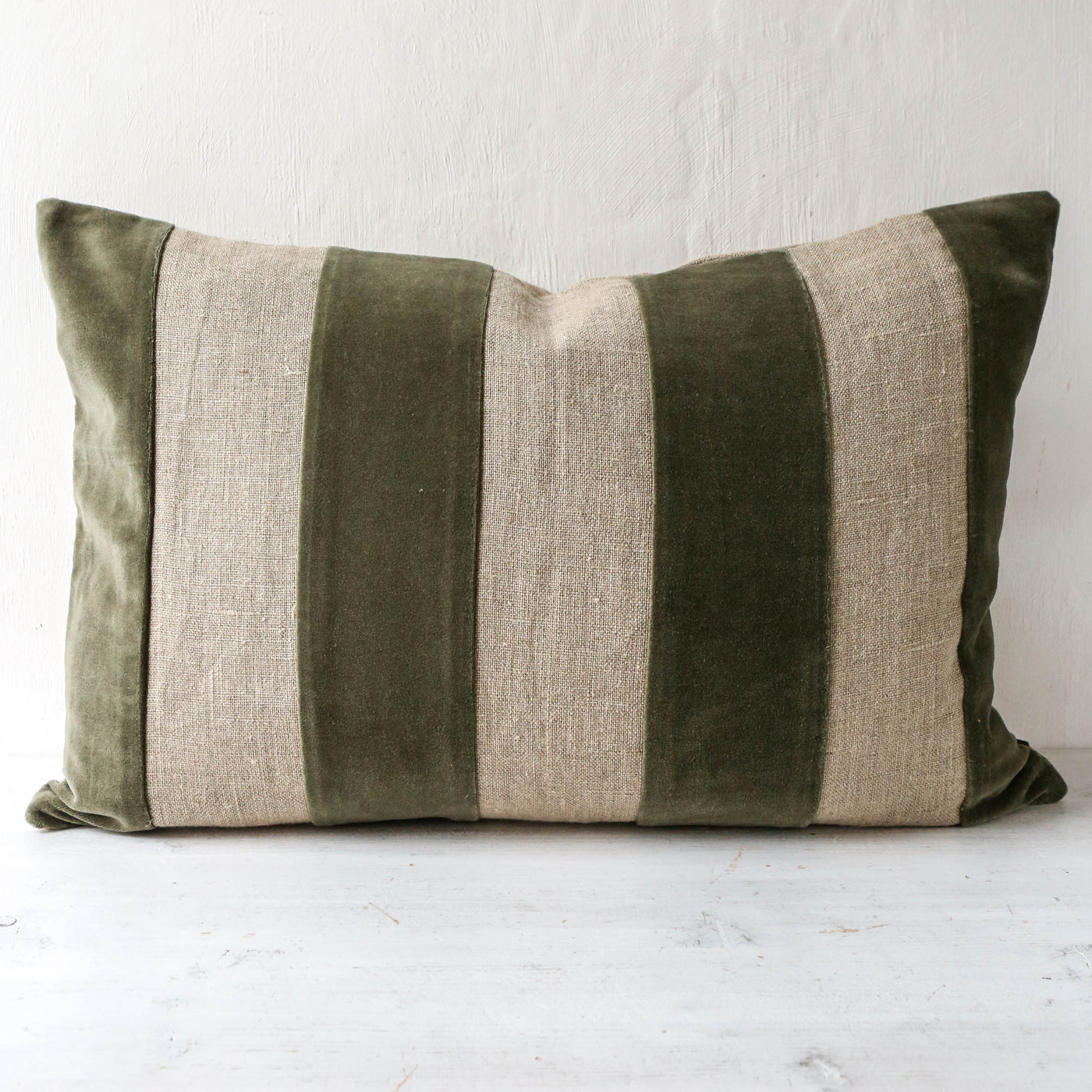 Oblong Linen & Velvet Stripe Cushion Cover - Khaki