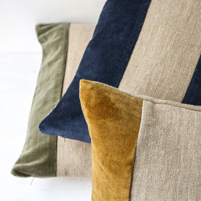 Oblong Linen & Velvet Stripe Cushion Cover - Khaki