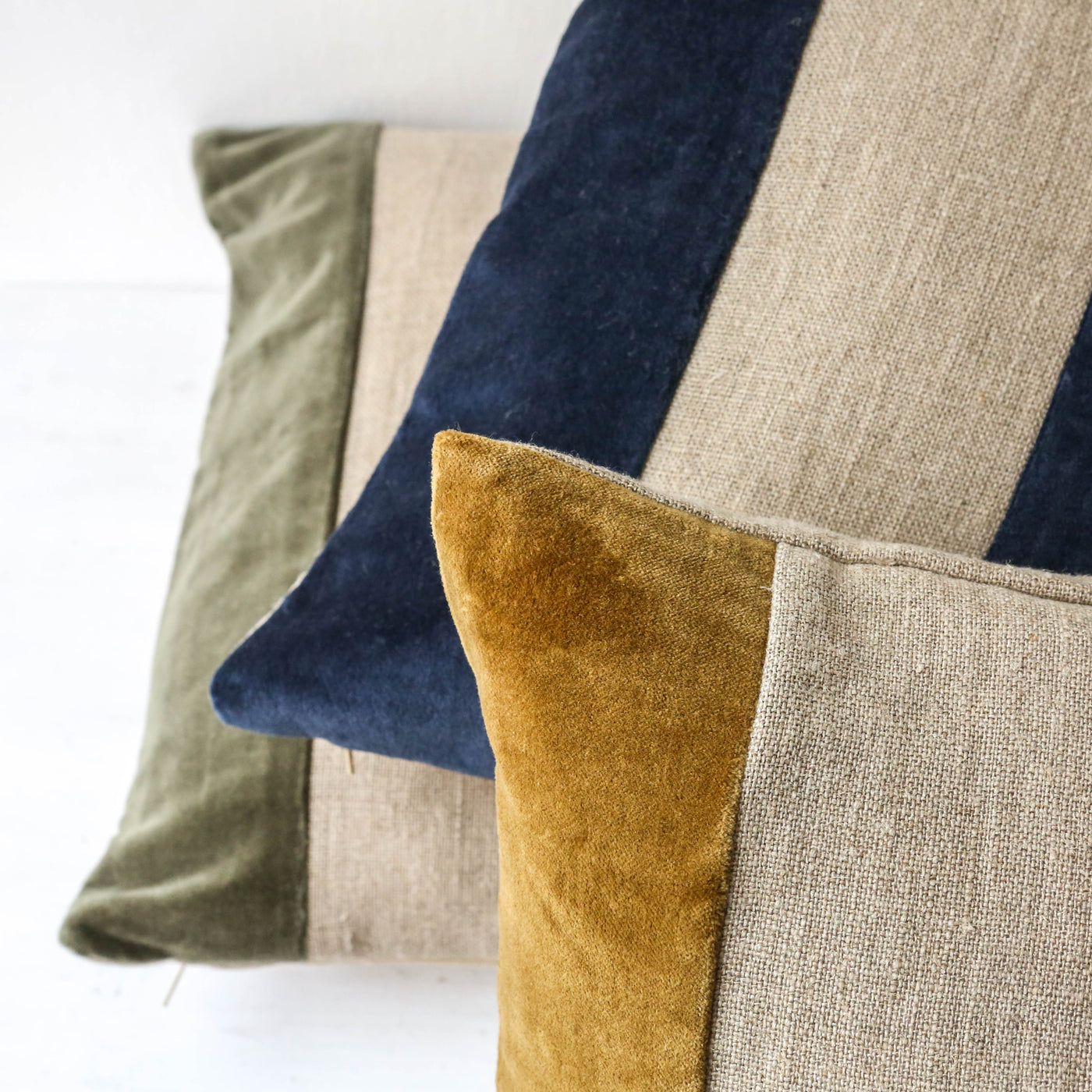 Oblong Linen & Velvet Stripe Cushion Cover - Navy