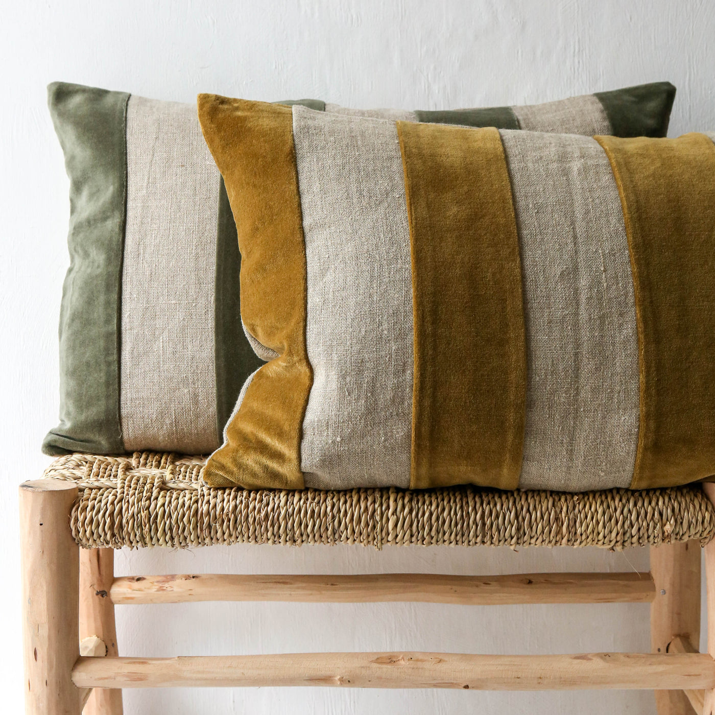 Oblong Linen & Velvet Stripe Cushion Cover - Khaki