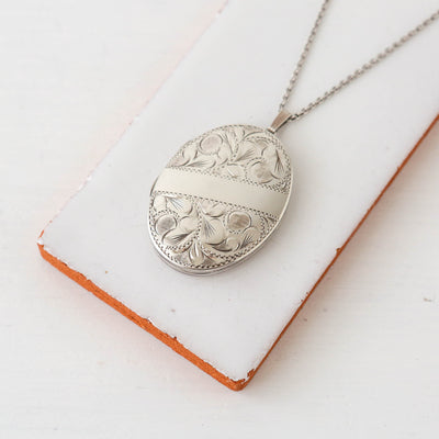 Large Vintage Silver Locket - Swirl Design