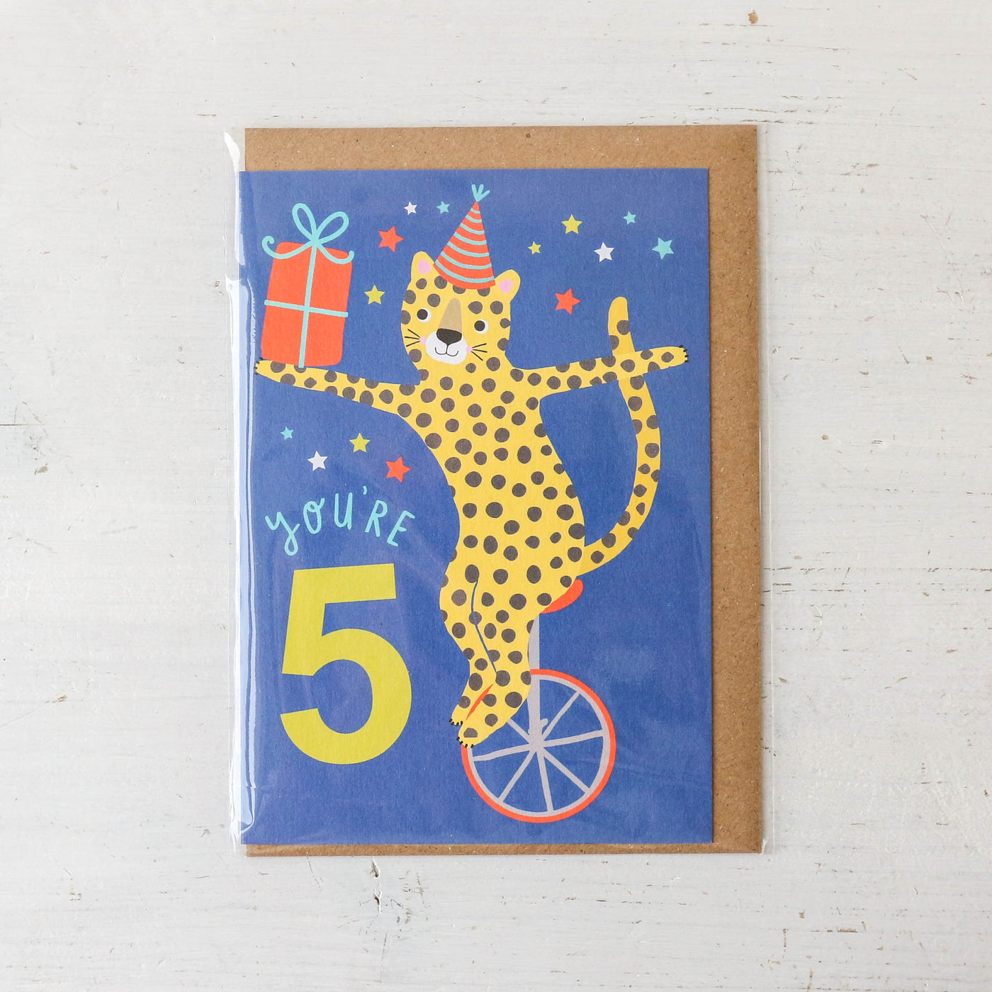 Age 5 Leopard Blue Birthday Card