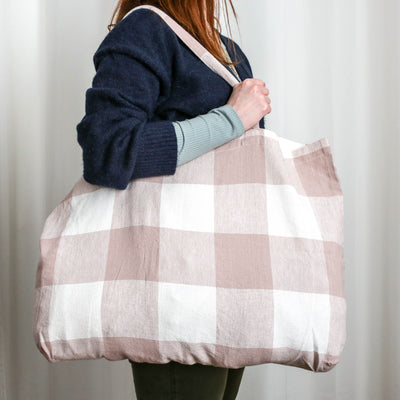 Washed Linen Cotton Sloppy Shoulder Bag - Bold Pink Check