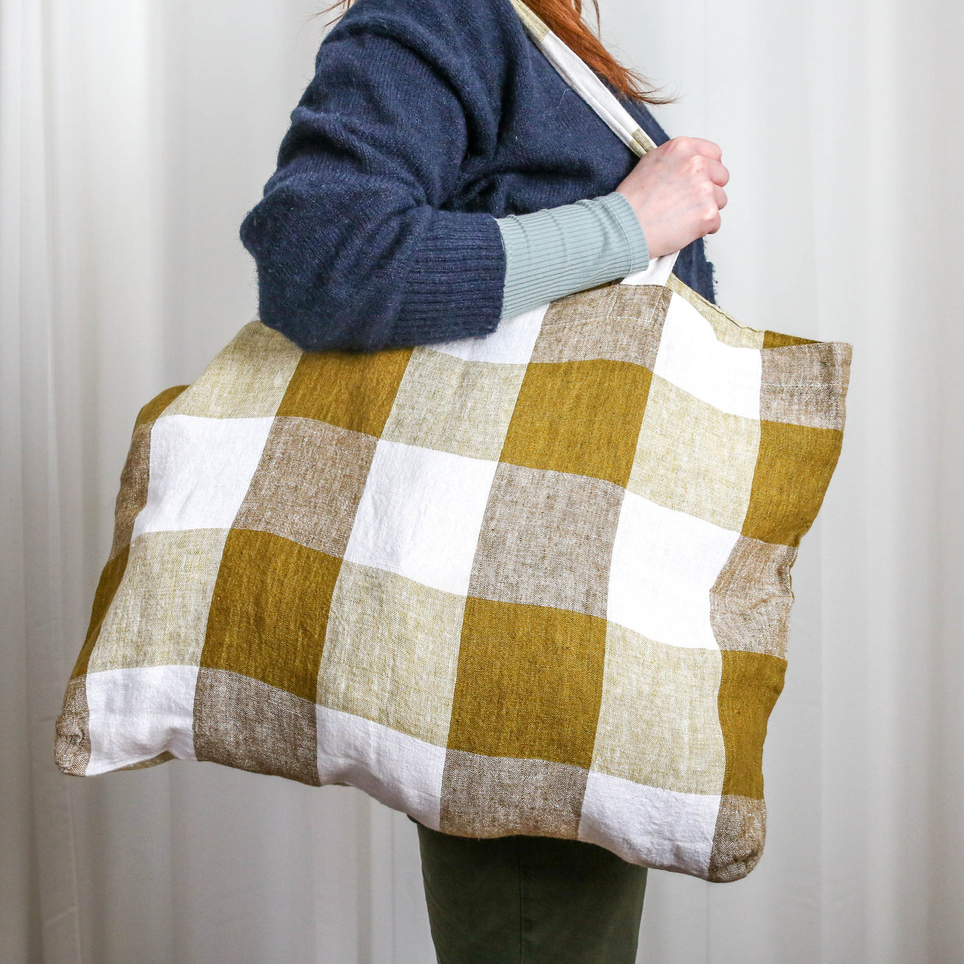 Washed Linen Cotton Sloppy Shoulder Bag - Bold Citrus Check