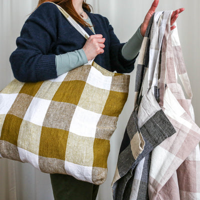 Washed Linen Cotton Sloppy Shoulder Bag - Bold Pink Check