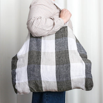 Washed Linen Cotton Sloppy Shoulder Bag - Bold Carbon Check