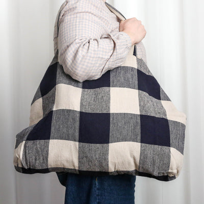 Washed Linen Cotton Sloppy Shoulder Bag - Bold Navy Check